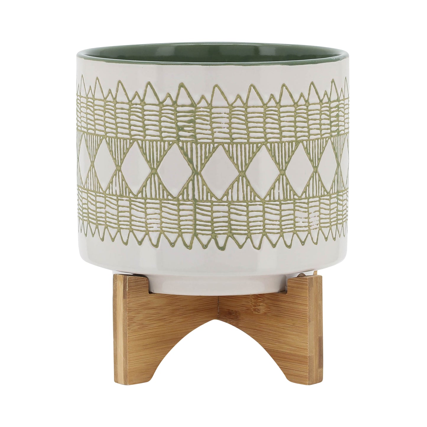 Ceramic 8" Aztec Planter On Wooden Stand, Olive