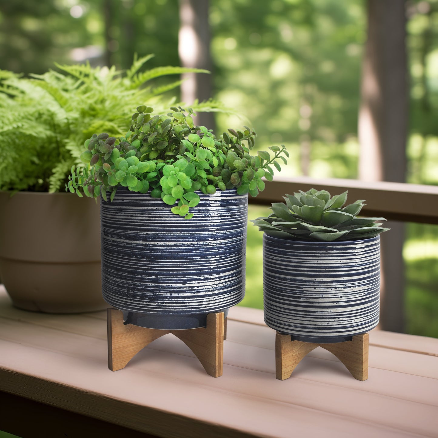 Ceramic S/2 8/10" Planter On Stand, Blue