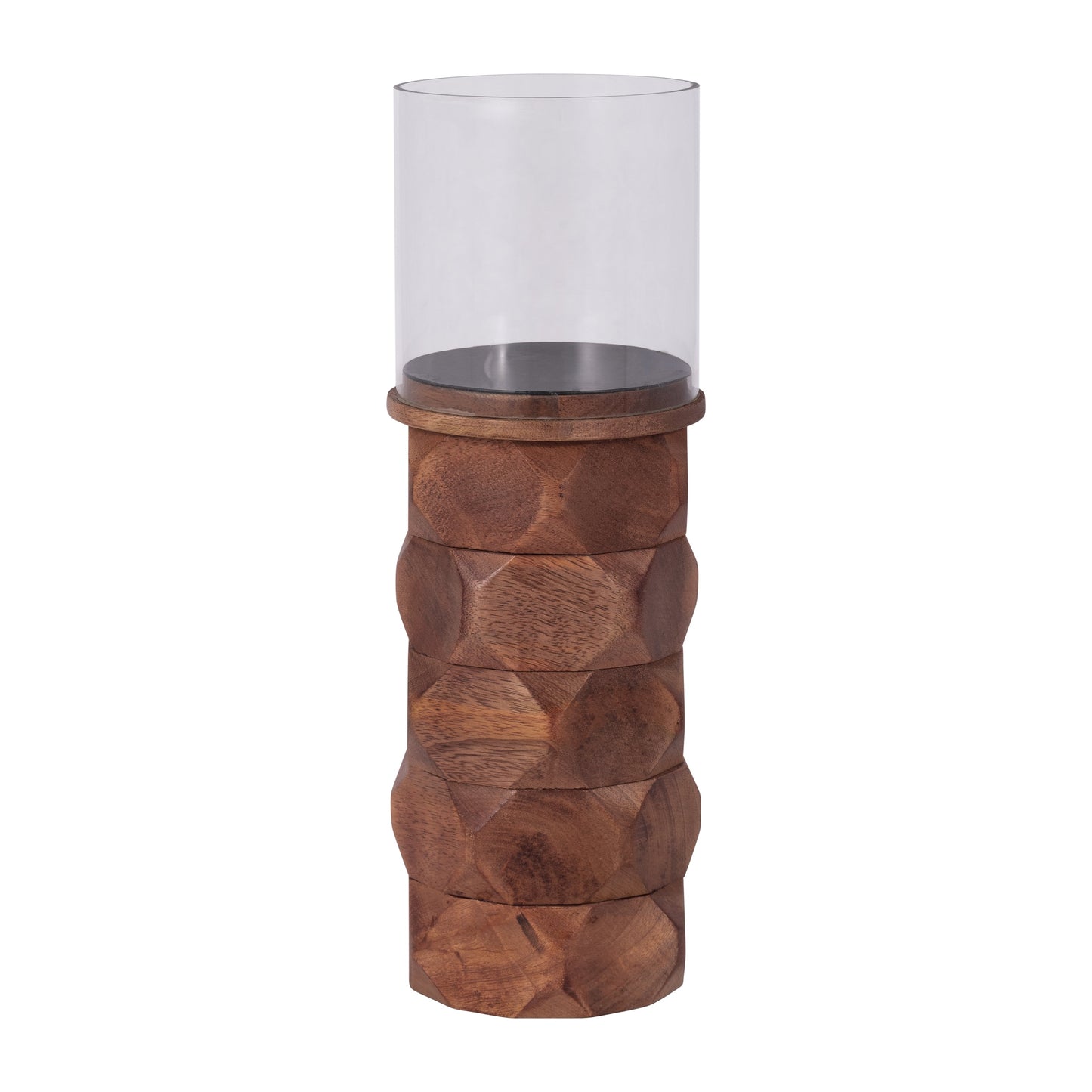 Wood, 12" Stacked Hexagon Pillar Hurricane, Brown