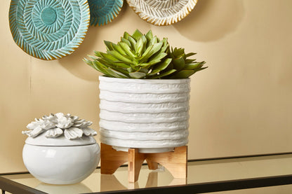 Ceramic 8" Planter On Stand, White Stripe