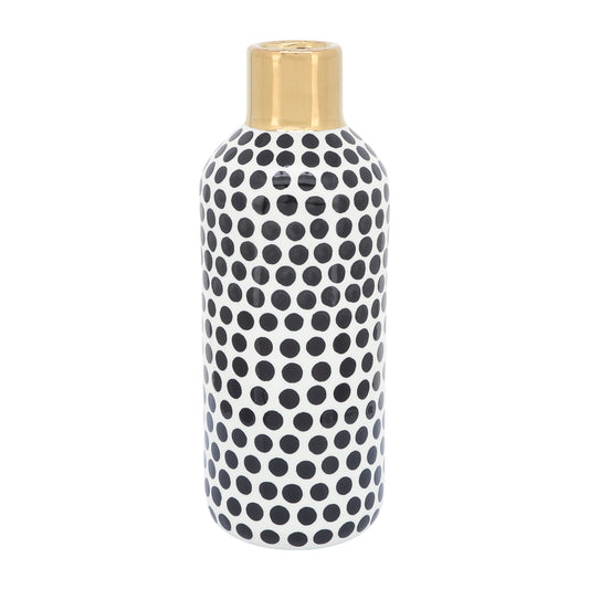 Cer, 12"h Polka Dots Vase, Gold/white