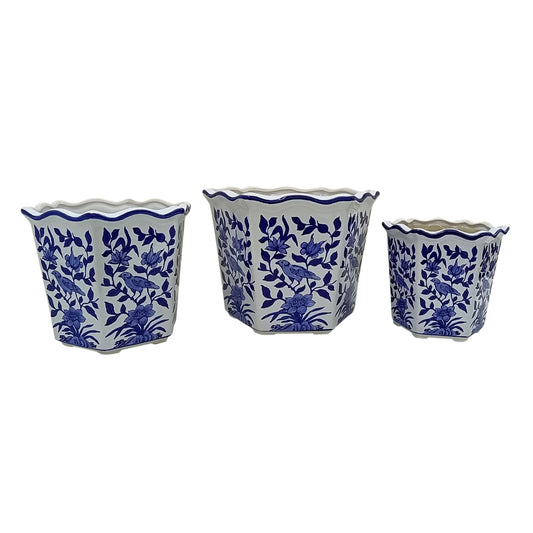 S/3 8/10/12" Chinoiserie Bird Planters, Blue/white