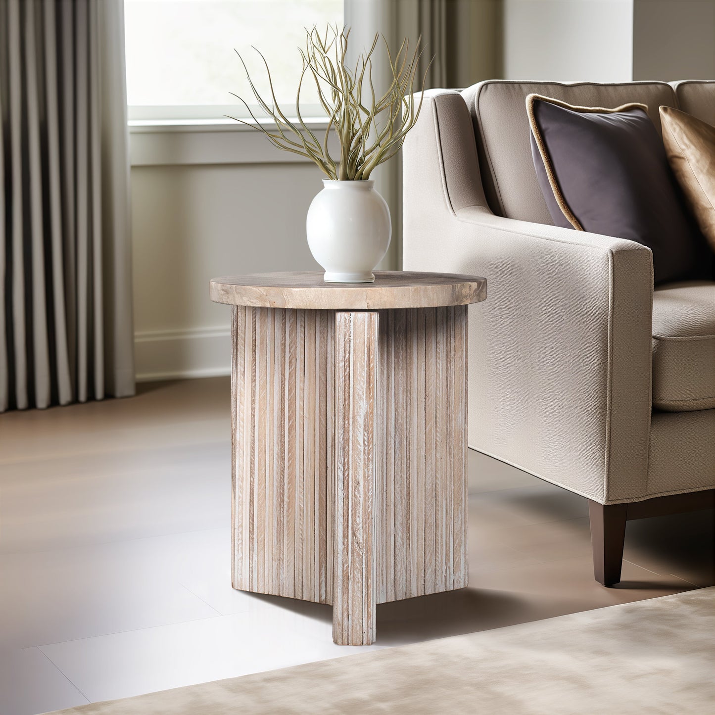 Petrified Wood And Teak 18" Accent Table, Cream