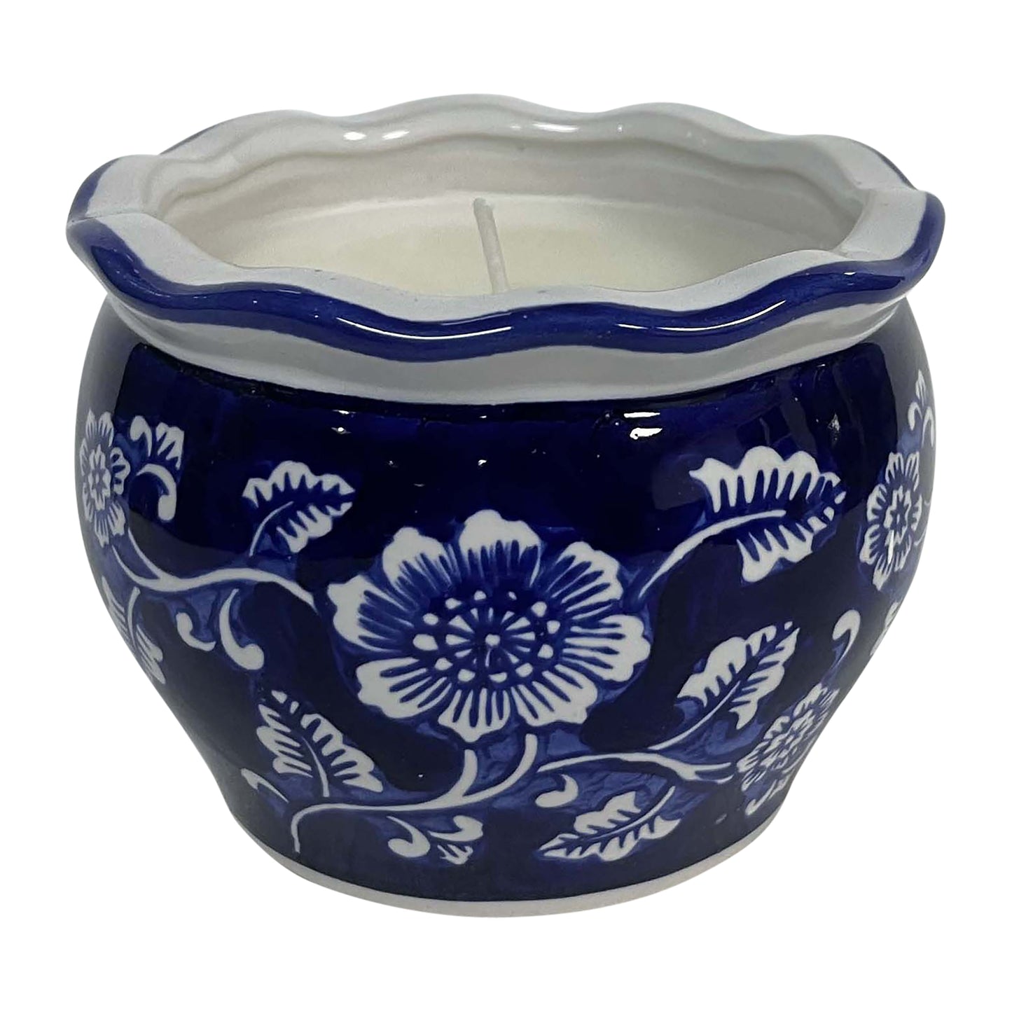 4", 7oz Round Chinoiserie Candle , Blue/white