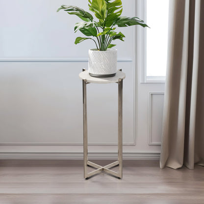 Metal, 23" Round Marble Top Accent Table, Silver