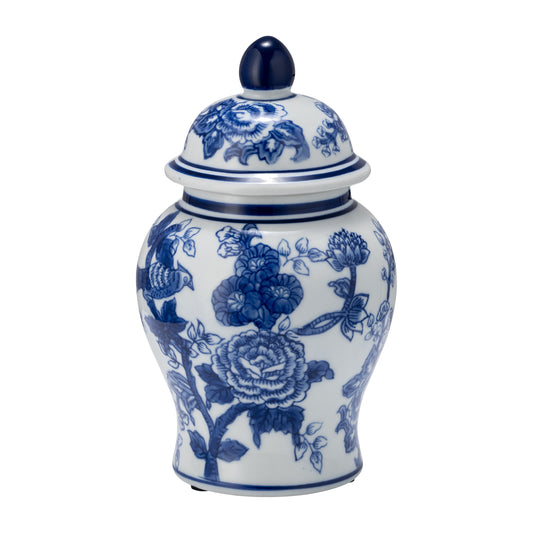 Cer, 8" Temple Jar Bird/flower, Blue
