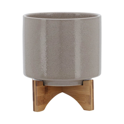 8"  Planter W/ Wood Stand, Beige