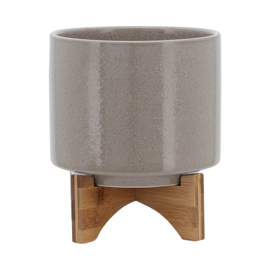 8"  Planter W/ Wood Stand, Beige