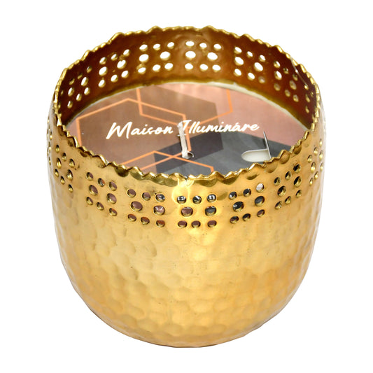 4" 17 Oz Santal Vanilla Pierced Metal Candle, Gold