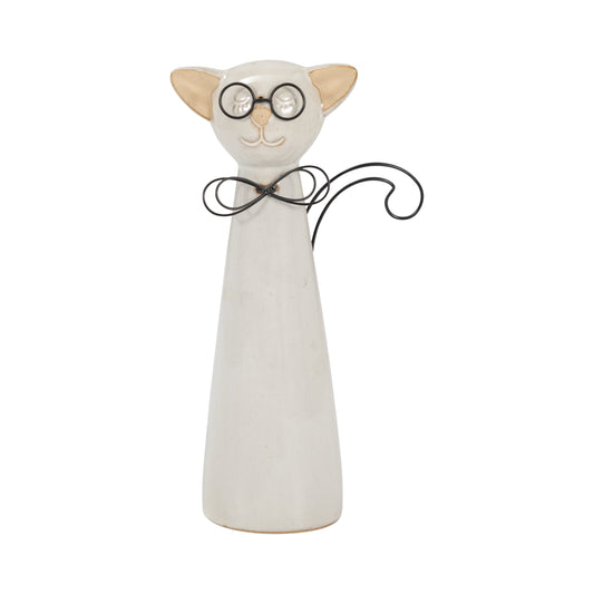 Cer, 11"h Cat W/ Glasses, Beige
