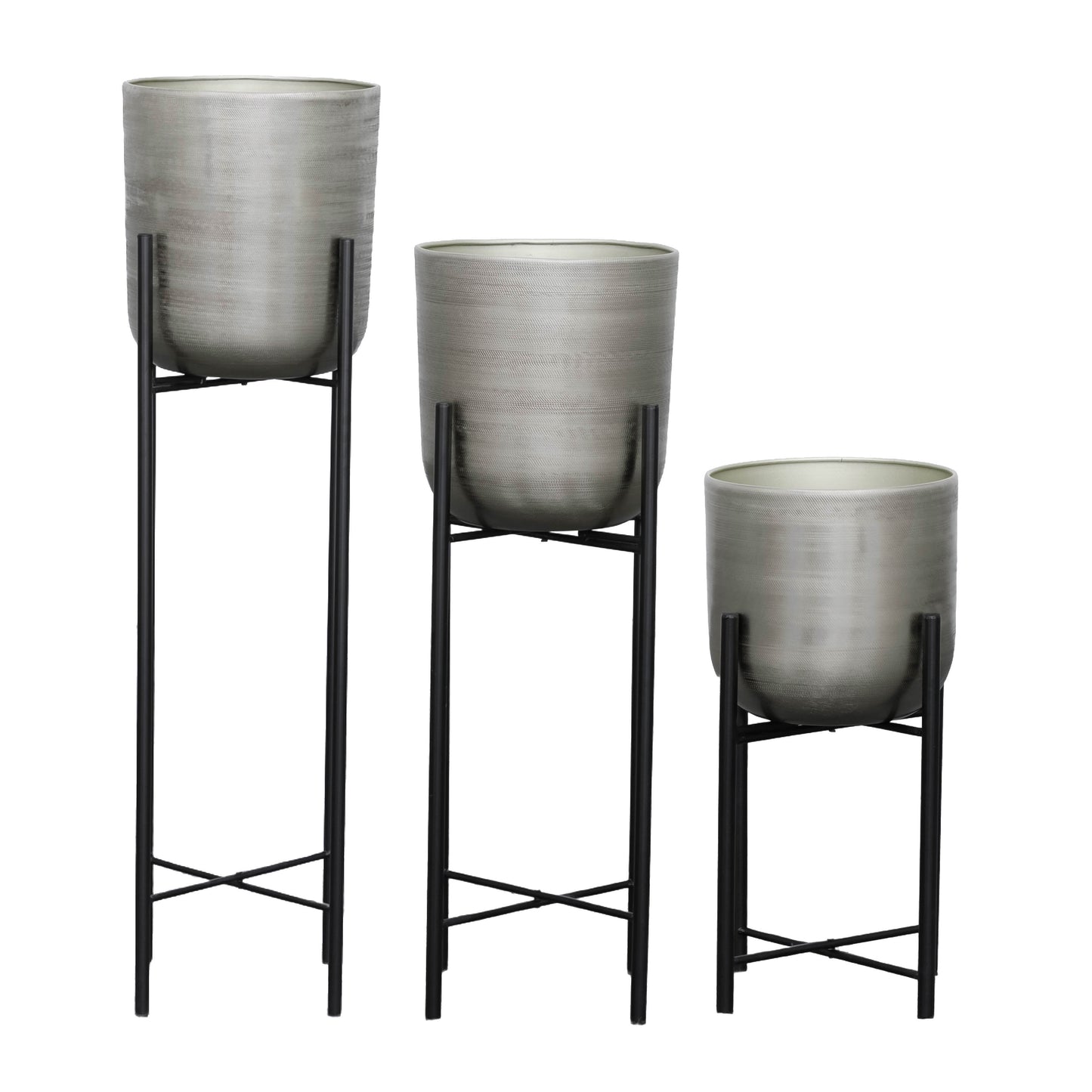 S/3 Metal Planters On Stand 40/30/20"h, Silver/blk