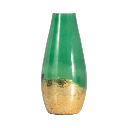 Glass, 11" Gold Dipped Vase, Green