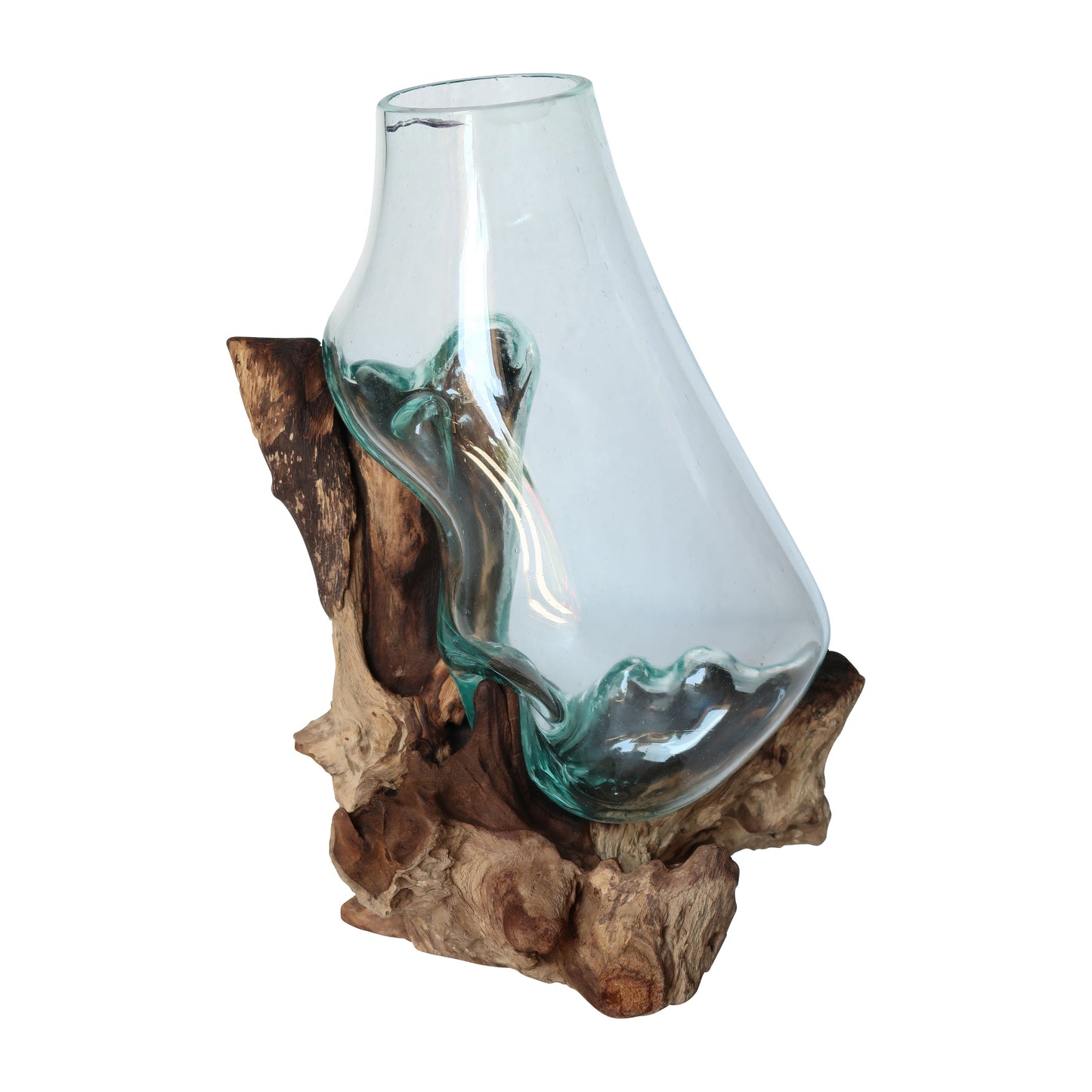 Glass 14"h Vase In Wood Stand, Brown