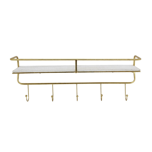 Metal/wood, 24" 5  Hook Wall Shelf, White/gold