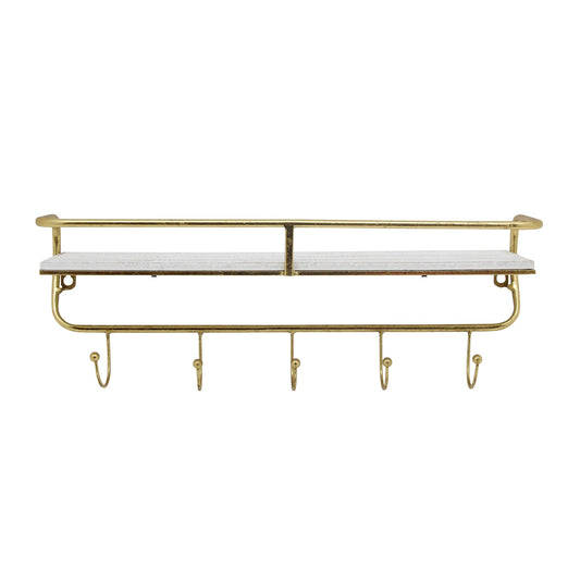Metal/wood 20" 5  Hook Wall Shelf, White/gold