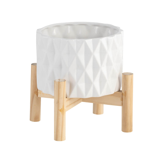 6" Ceramic Diamond Planter W/ Wood Stand, White