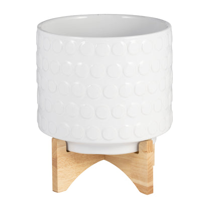 Ceramic 10" Planter On Wooden Stand, White