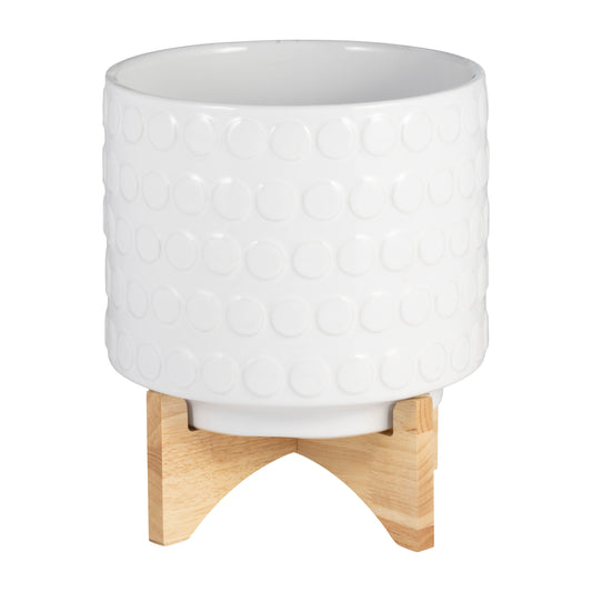 Ceramic 10" Planter On Wooden Stand, White