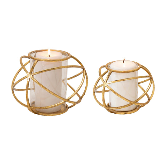 S/2 6" Orb Candle Holder , Gold