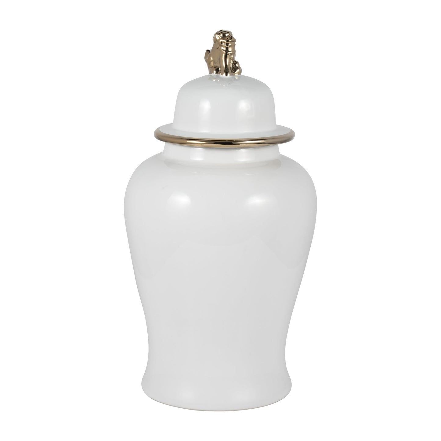 Cer, 24" Lion Head Temple Jar, White/gold