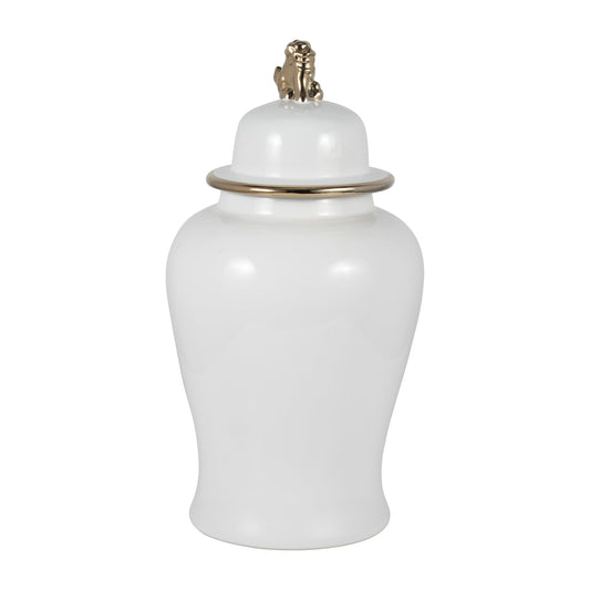 Cer, 24" Lion Head Temple Jar, White/gold
