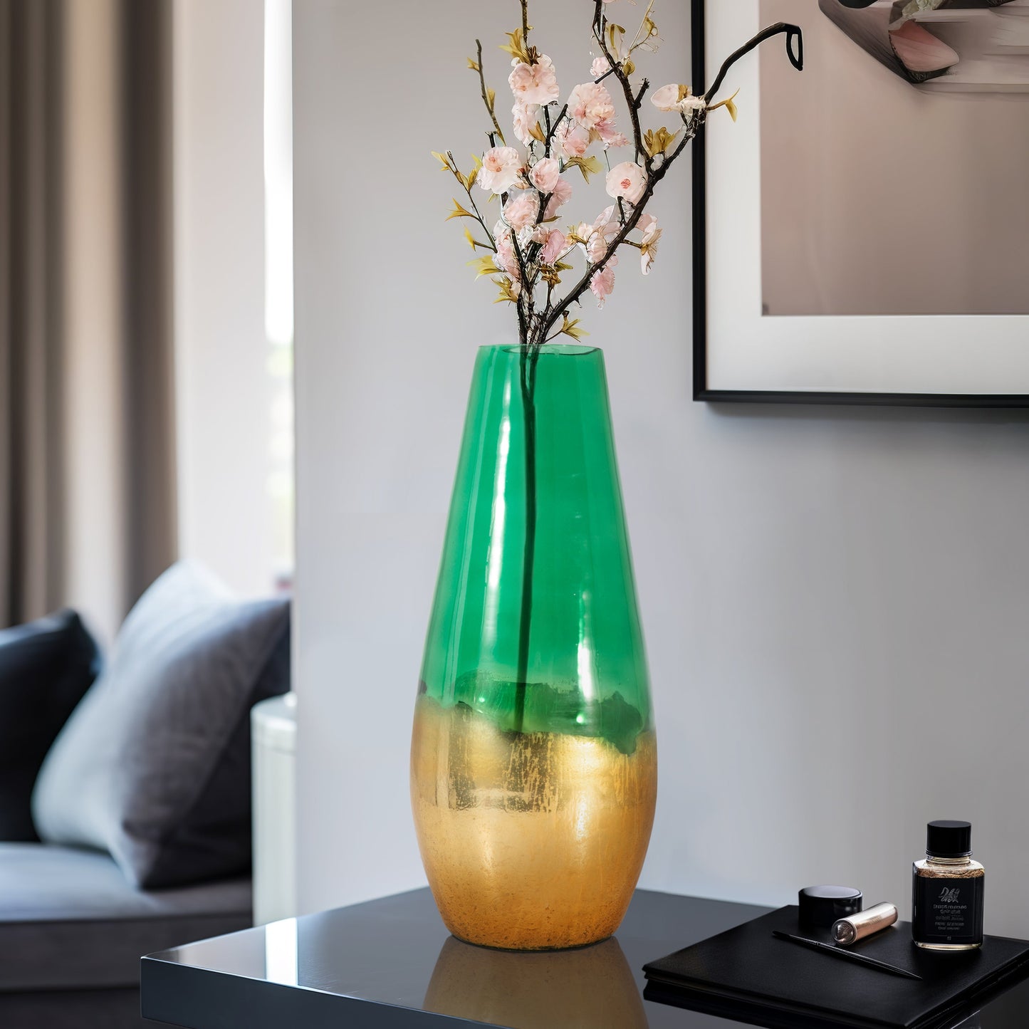 Glass, 19" Gold Dipped Vase, Green