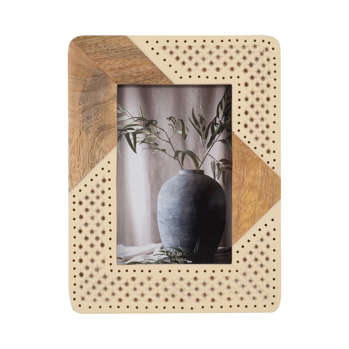 Resin, 4x6 Wood & Woven Photo Frame, Ivory/natural