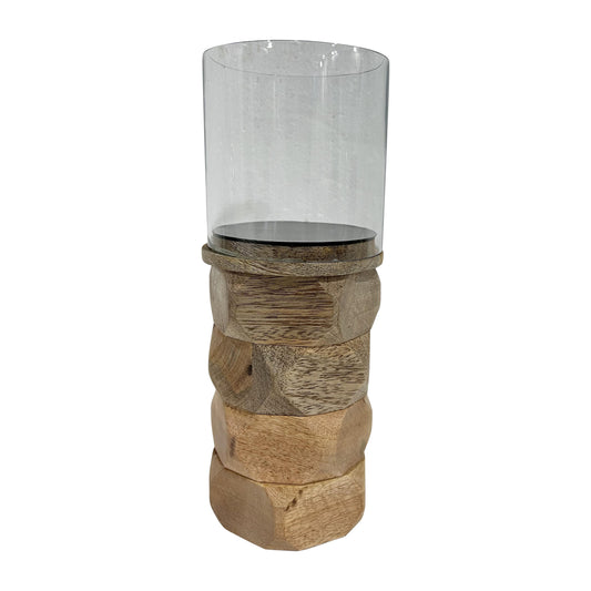 Wood, 10" Stacked Hexagon Pillar Hurricane, Natura