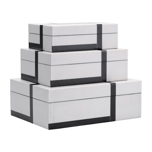 Resin,s/3 6/7/9"bold Lines Design Rec Boxes,blk/wh