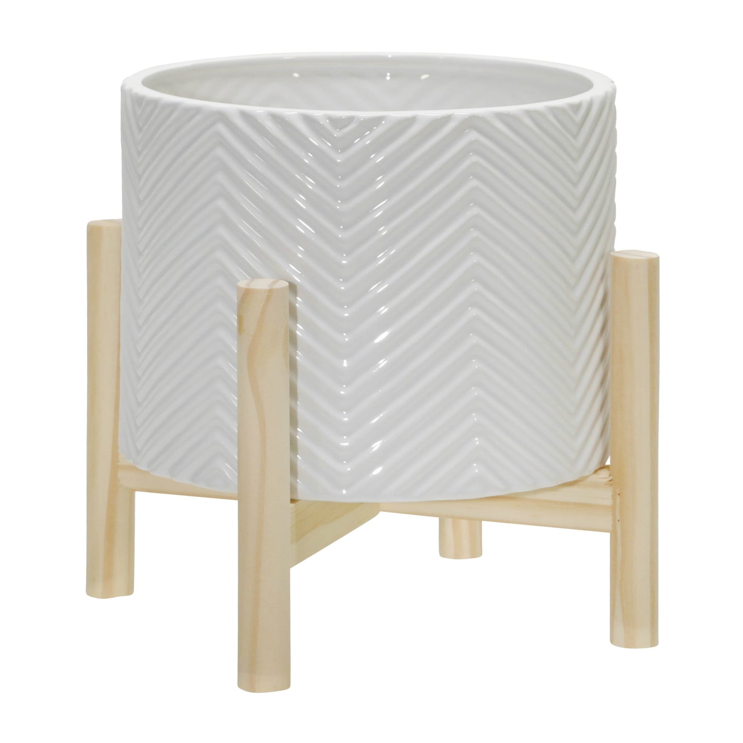 8" Ceramic Chevron Planter W/ Wood Stand, White
