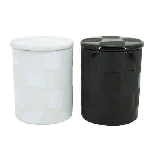 S/2 5" 10oz Tobacco Wvy Chckr Lidded Cndle,blk/wht