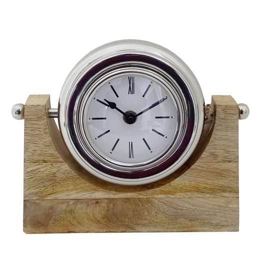 Wood,7"h,lock-on-stand Table Clock,nickel