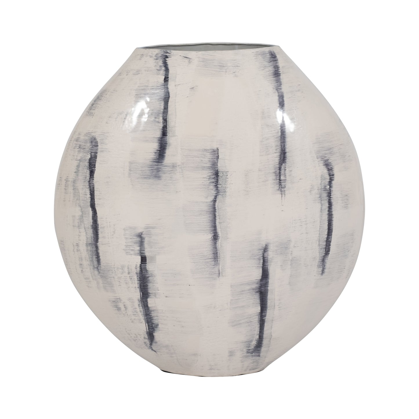 Metal, 20" Enameled Round Vase, Distressed White