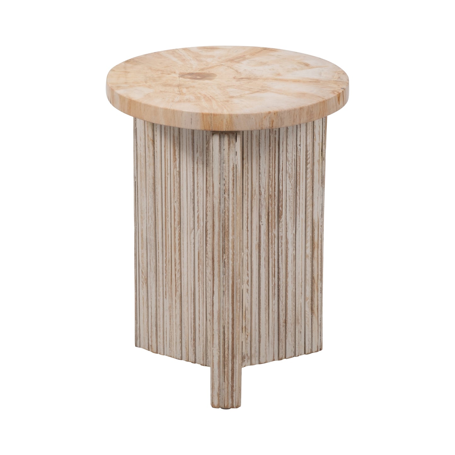 Petrified Wood And Teak 18" Accent Table, Cream