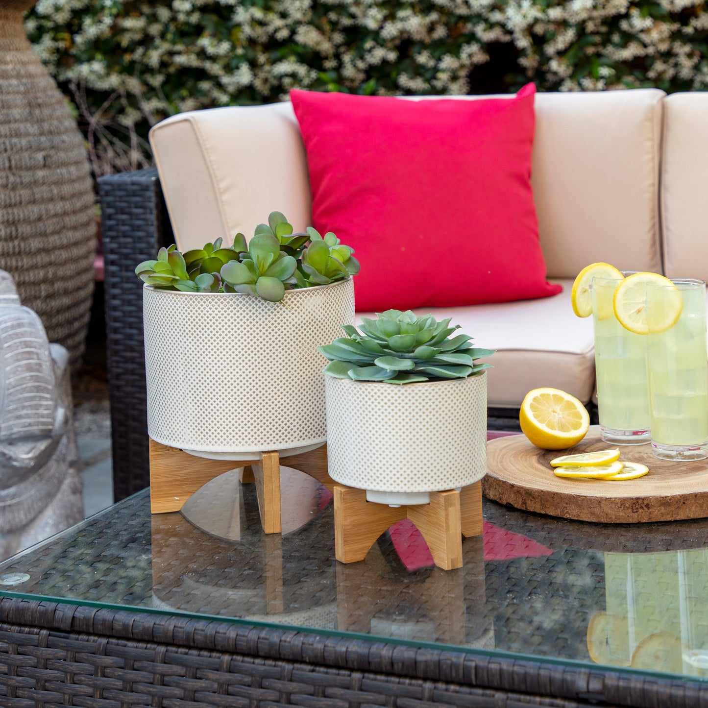 Ceramic 6" Planter On Stand, White /tan Dot