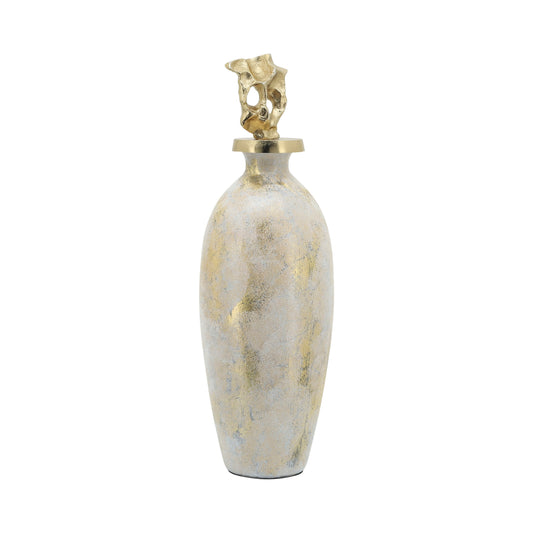 Glass, 20"h Metal Vase Tribal Topper,  White/gold