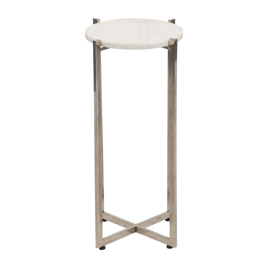 Metal, 23" Round Marble Top Accent Table, Silver